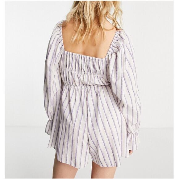 New TOPSHOP NORDSTROM Laundered Purple Stripe Bow Tie Front Romper Size 6 - Picture 2 of 7